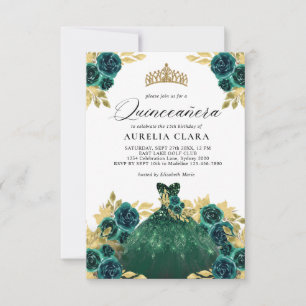 BUDGET Glam Green Dress Floral 15th Quinceañera Card