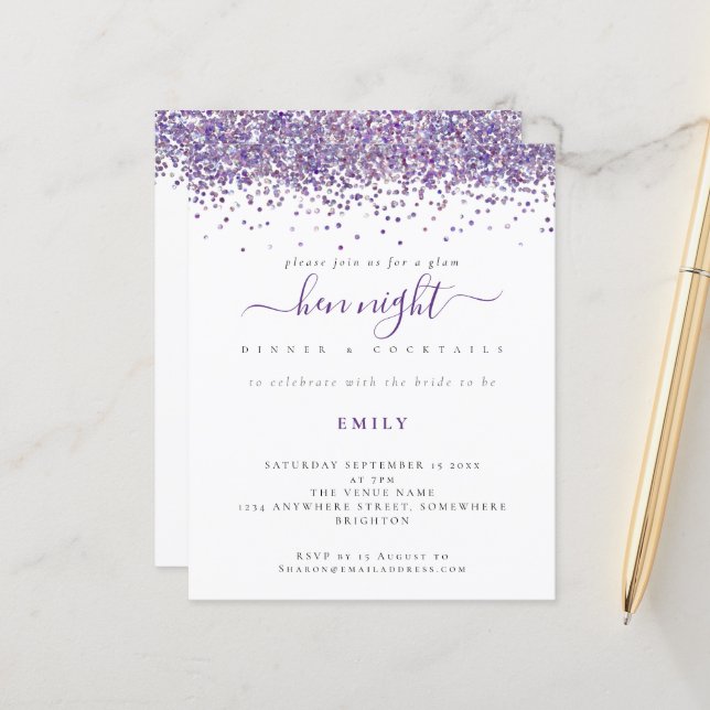 Budget Glam Purple Glitter Hen Night Invitation (Front/Back In Situ)