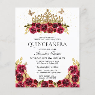 BUDGET Glam Red Floral Gold Tiara Quinceanera