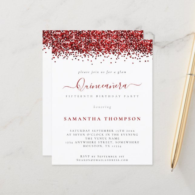 Budget Glam Red Glitter Quinceañera Invitation (Front/Back In Situ)