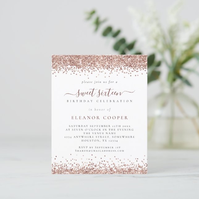 Budget Glam Rose Gold Glitter Sweet Sixteen Invite (Standing Front)