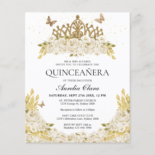 Budget Glam White Floral Gold Tiara Quinceanera (Front)