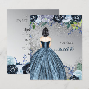 Budget Glitter Blue Dress Sweet 16 Invitation