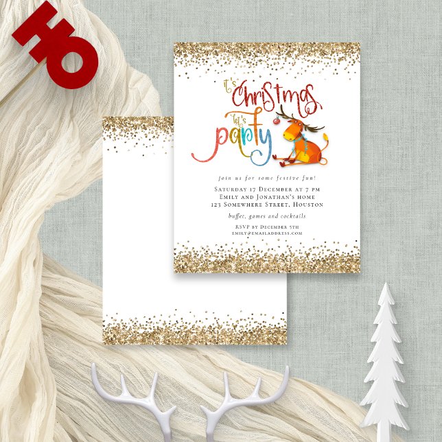 Budget Glitter Christmas Lets Party Deer Invite (Front and back view, budget prices smaller 4.5 x 5.6" alternative)