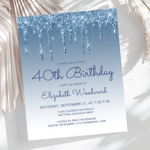 Budget Glitter Drip Blue 40th Birthday Invitation