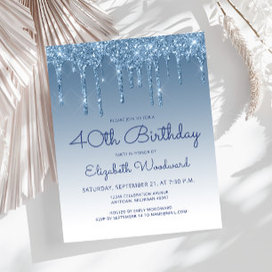 Budget Glitter Drip Blue 40th Birthday Invitation