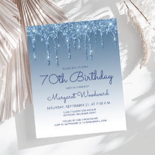 Budget Glitter Drip Blue 70th Birthday Invitation