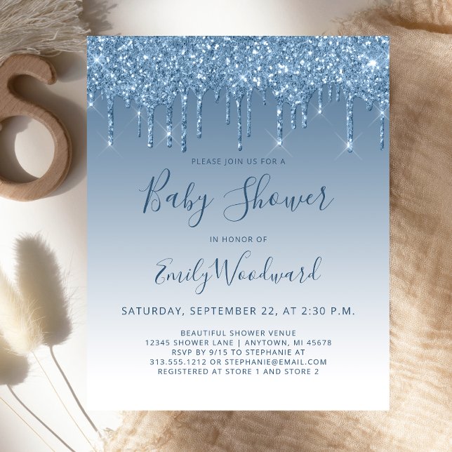 Budget Glitter Drip Blue Baby Shower Invitation (Creator Uploaded)
