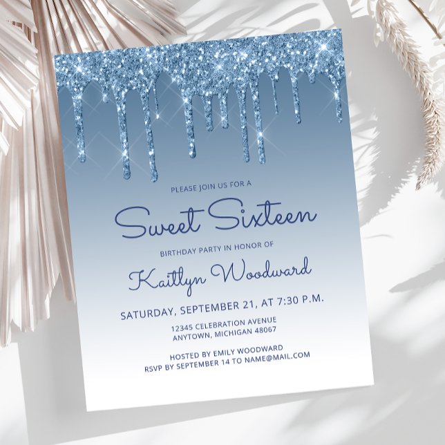 Budget Glitter Drip Blue Sweet 16 Invitation (Creator Uploaded)