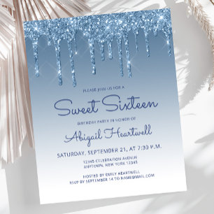 Budget Glitter Drip Blue Sweet 16 Invitation