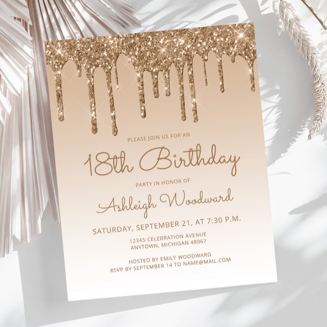 Budget Glitter Drip Gold 18th Birthday Invitation (Creator Uploaded)