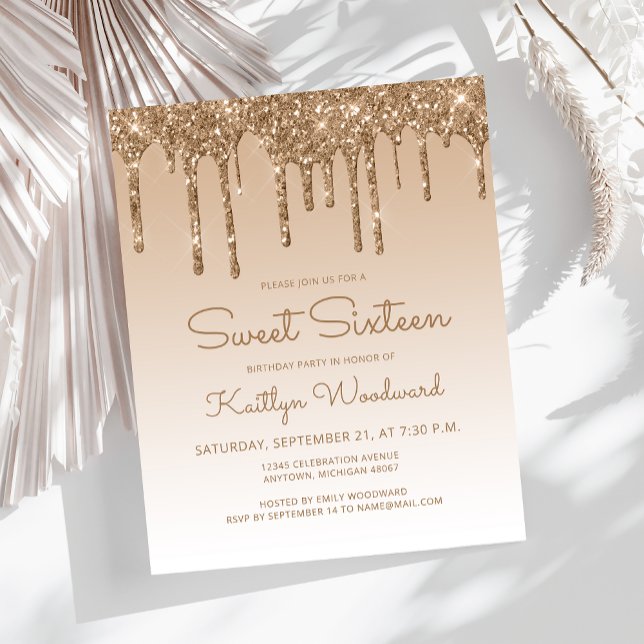 Budget Glitter Drip Gold Sweet 16 Invitation (Creator Uploaded)