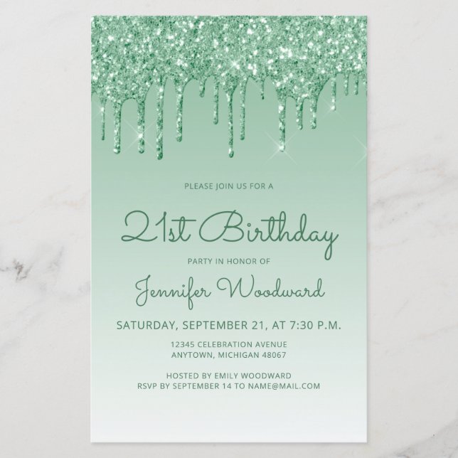 Budget Glitter Drip Green 21st Birthday Invitation (Front)