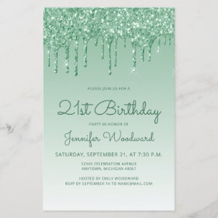 Budget Glitter Drip Green 21st Birthday Invitation