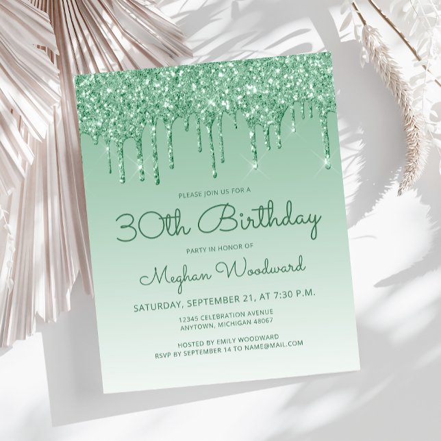 Budget Glitter Drip Green 30th Birthday Invitation (Creator Uploaded)
