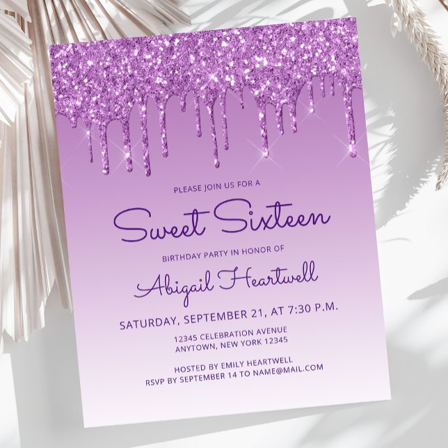 Budget Glitter Drip Purple Sweet 16 Invitation (Creator Uploaded)