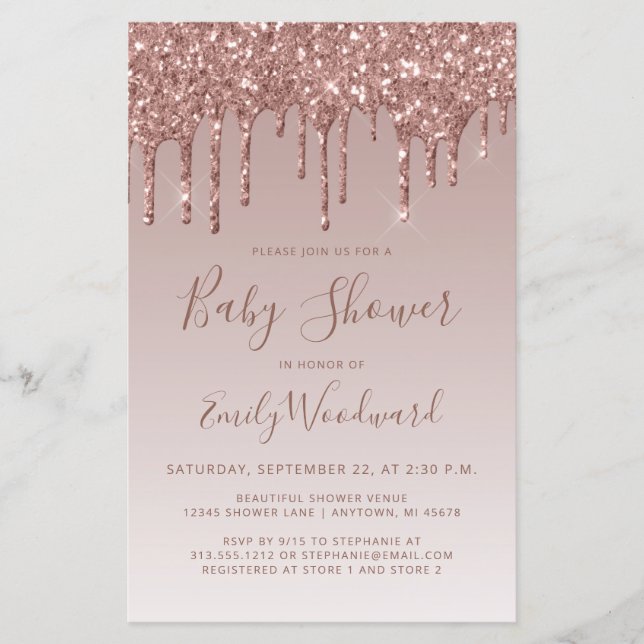 Budget Glitter Drip Rose Gold Baby Shower Invite (Front)