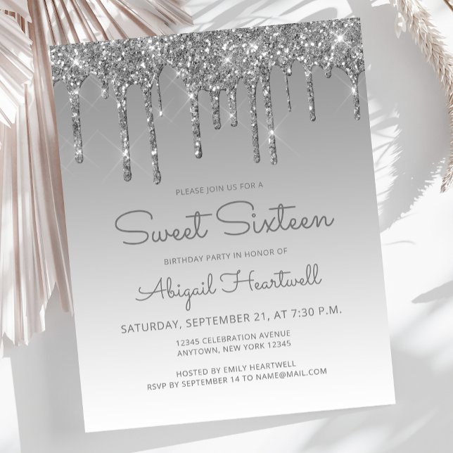 Budget Glitter Drip Silver Sweet 16 Invitation (Creator Uploaded)