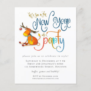 Budget Glitter Funny Deer New Year Party Invite
