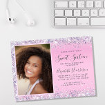 Budget Glitter Photo Sweet 16 Birthday Party<br><div class="desc">Budget-friendly pretty,  glamourous and girly sweet 16 birthday party invitation with sparkly holographic purple,  pink and silver faux glitter confetti along the sides against a pink background,  her photo,  and "Sweet Sixteen" and her name in a soft grey trendy script.</div>