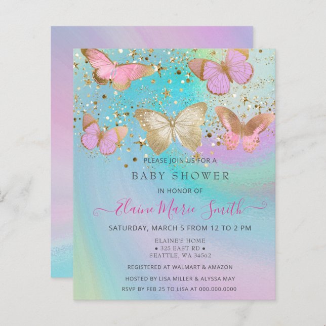 Budget Glitter Pink Purple Butterflies Baby Shower (Front/Back)