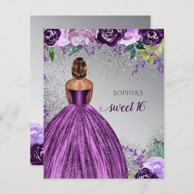 Budget Glitter Purple Dress Sweet 16 invitation (Front/Back)