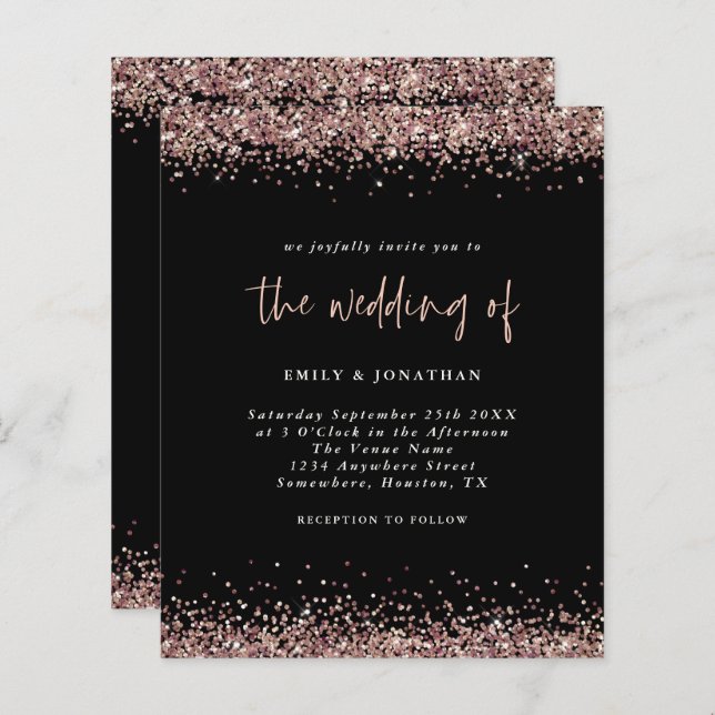 Budget Glitter Rose Gold Wedding Black Invitation (Front/Back)