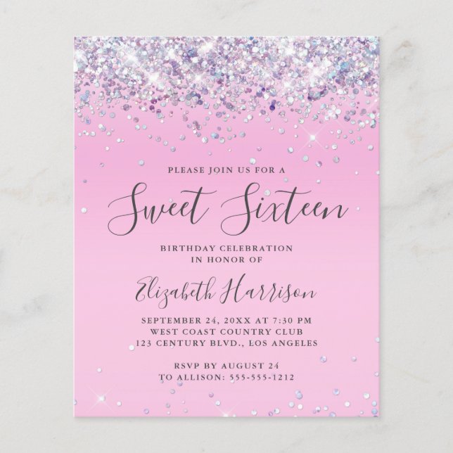 Budget Glitter Sweet 16 Birthday Party Invitation (Front)