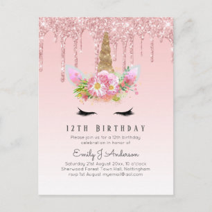 Budget Glitter Unicorn 12th Birthday Pink Gold Postcard