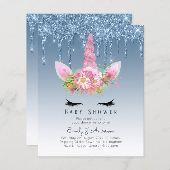 BUDGET Glitter Unicorn Baby Girl Shower Invitation (Front/Back)