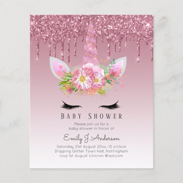 BUDGET Glitter Unicorn Baby Girl Shower Invitation Flyer (Front)