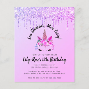 Budget Glitter Unicorn Slumber Party Invitation
