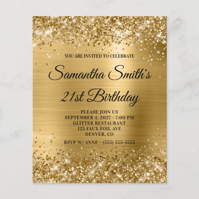 Budget Glittery Gold Glam 21st Birthday Invite (Front)