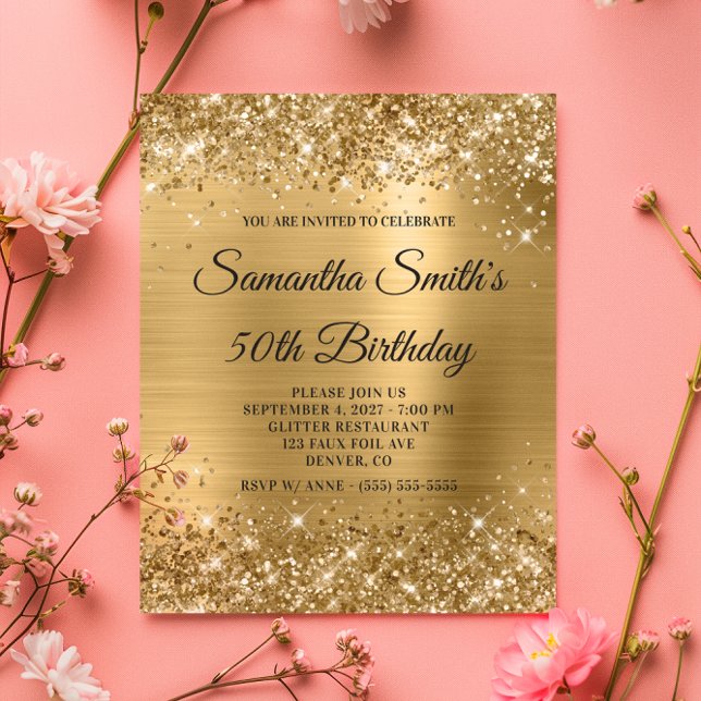 Budget Glittery Gold Monogram 50th Birthday Invite (Budget Glittery Gold Monogram 50th Birthday Invite)