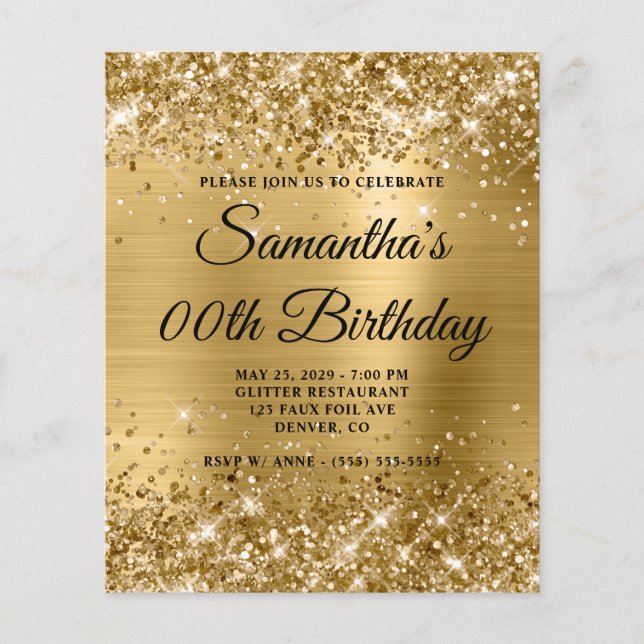 Budget Glittery Gold Monogram Birthday Invite (Front)