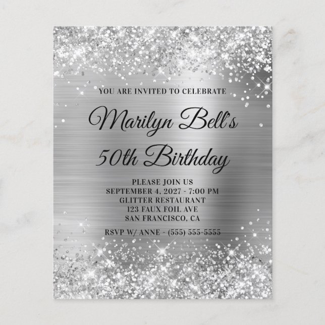 Budget Glittery Silver 50th Birthday Invite (Front)