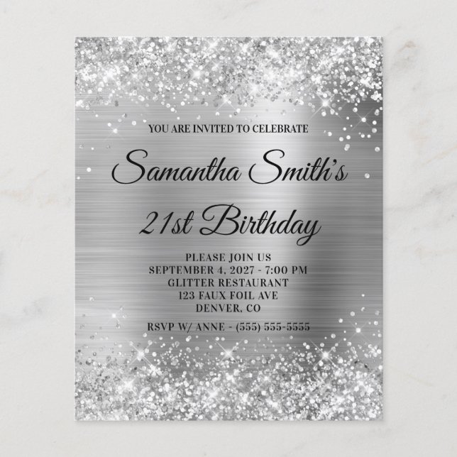 Budget Glittery Silver Foil 21st Birthday Invite (Front)