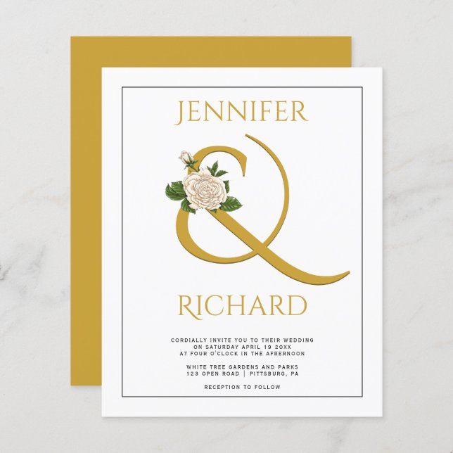BUDGET Gold ampersand and rose wedding invitation (Front/Back)