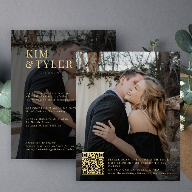Budget gold black 2 photos QR wedding invitation (Creator Uploaded)