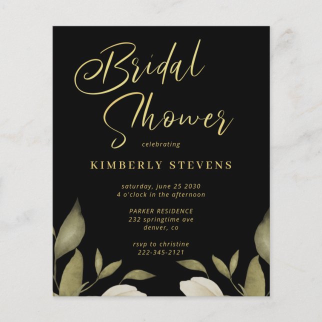 Budget gold black bridal shower invitation flyer (Front)