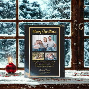 Budget Gold Black Christmas  3 Photo Holiday Card