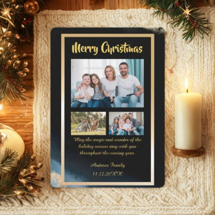 Budget Gold Black Christmas  3 Photo Holiday Card
