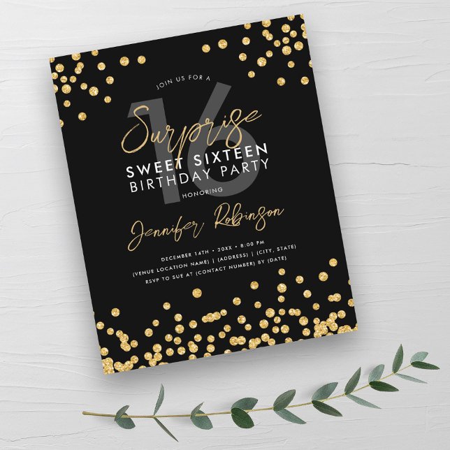 Budget Gold Black Confetti Surprise Sweet 16  (Budget Gold Black Confetti Surprise Sweet 16 )