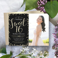 Budget Gold Black Glitter Photo Sweet 16 Invite