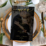 Budget gold black overlay photo wedding menu<br><div class="desc">Simple dark custom photo overlay black and gold trendy minimalist chic calligraphy script custom text template BUDGET affordable wedding menu card.</div>