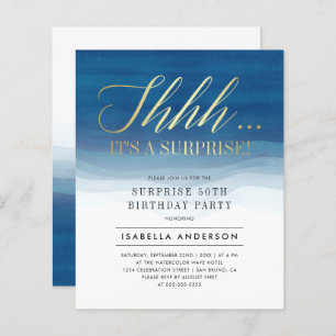 Budget Gold & Blue Watercolor Surprise Birthday