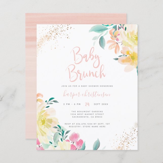 Budget Gold Blush Pink Floral Baby Shower Brunch (Front/Back)