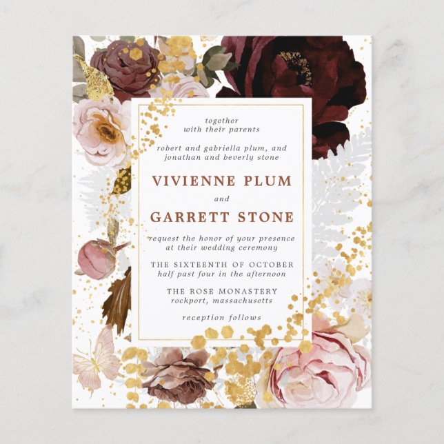 Budget Gold Burgundy Dusty Pink Wedding Invitation (Front)