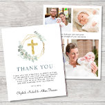 Budget Gold Cross Greenery Photo Baptism Thank You<br><div class="desc">An elegant and budget-friendly baptism thank you card featuring a watercolor illustration of a gold cross in a gold wreath adorned with eucalyptus greenery and "Thank You" in a sage green modern typography. Personalise your thank you message and add your names in a calligraphy script. On the reverse side, add...</div>