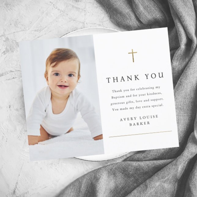 Budget Gold Cross Photo Baptism Thank You Card (Modern simple baby photo baptism thank you cards.)